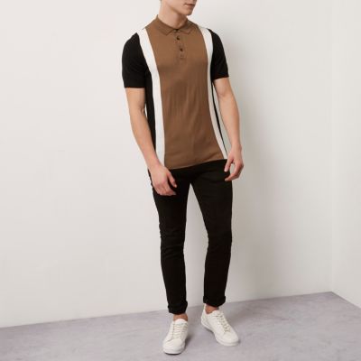 Brown colour block polo shirt